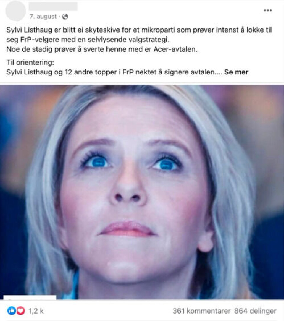 I et mye delt Facebook-innlegg hevdes det at Sylvi Listhaug og 12 andre Frp-representanter forlot stortingssalen i protest da Norges tilslutning til Acer skulle behandles. Det stemmer ikke. Skjermbilde: Facebook.