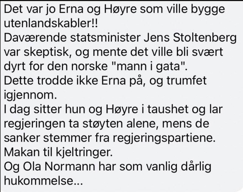 Hvem var det egentlig som ville bygge kabler til Tyskland og England? Det diskuteres heftig i sosiale medier. Skjermdump: Facebook.