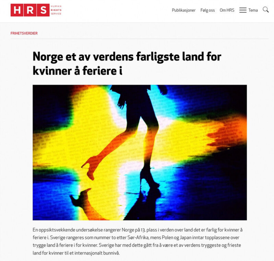 Rights.no slår fast allerede i overskriften at Norge er et av verdens farligste land for kvinner å feriere i. Skjermdump: Rights.no.