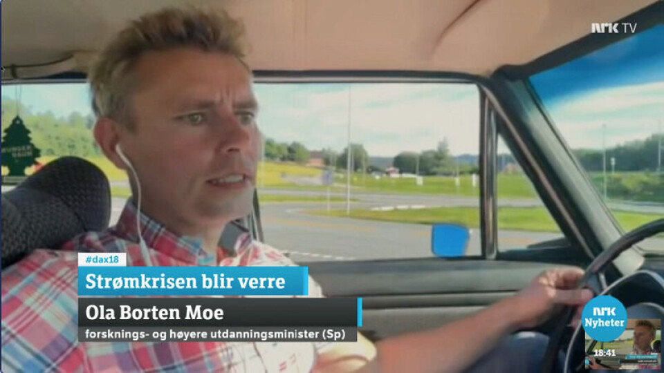 Tidligere olje- og energiminister Ola Borten Moe (Sp) under Dagsnytt 18-sendingen. Han er nå forsknings- og høyere utdanningsminister. Skjerdump: NRK TV.