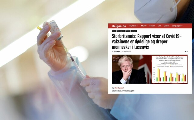 Den samme artikkelen med de samme feilene har blitt publisert av de alternative nettstedene Steigan.no, Derimot og The Exposé. Foto: Rogelio V. Solis / AP Photo. Skjermdump: Steigan.no. hovedbilde