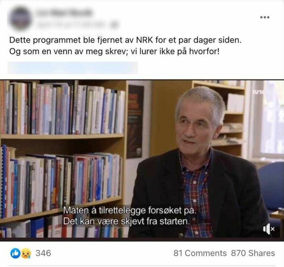 Denne Facebook-posten har fått folk til å lure på hvorfor NRK har fjernet et program om legemiddelindustrien. Skjermdump: Facebook.