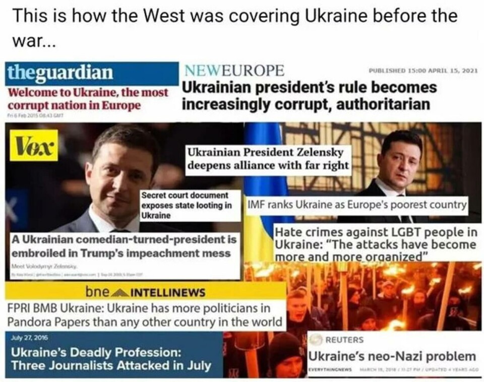 Denne collagen sirkulerer nå på sosiale medier. Overskriftene er ekte, men det er ikke tilfeldig at alle gir et negativt inntrykk av Ukraina og den ukrainske presidenten. Skjermbilde: Facebook.
