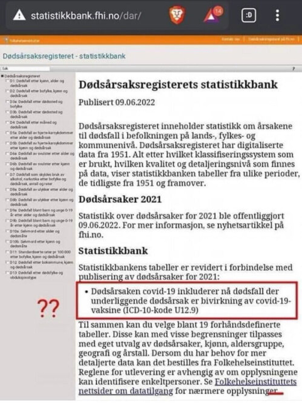 I statistikkbanken til Dødsårsaksregisteret er covid-19-assosierte dødsfall og dødsfall etter bivirkninger av covid-19-vaksine slått sammen. Det har skapt spekulasjoner om at FHI har noe å skjule. Skjermbilde: Facebook.