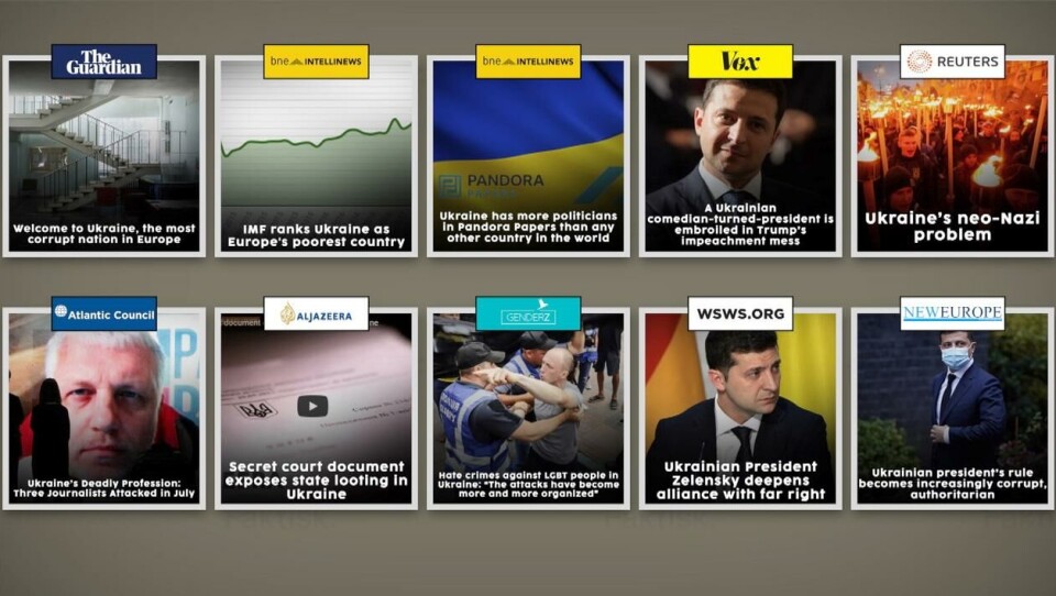 Dette er de ti artiklene som skjuler seg bak overskriftene. Alle er fra før Russland invaderte Ukraina. Montasje: Faktisk.no.