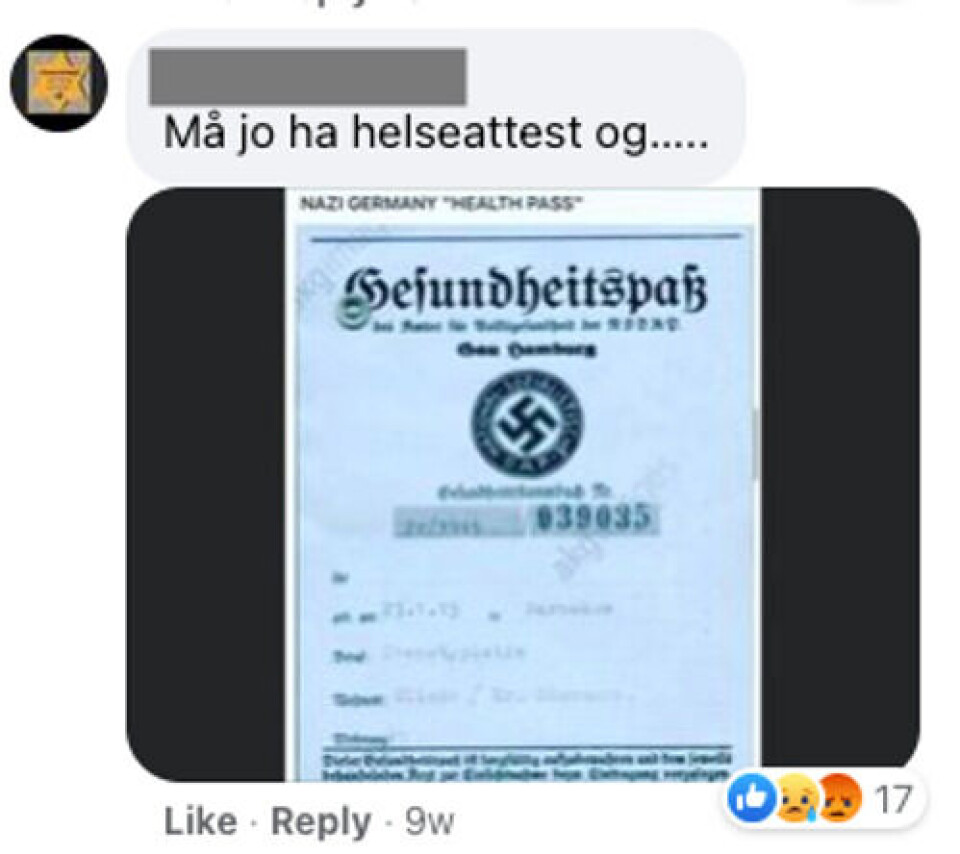 Bilder av det som skal være helsepass fra nazi-Tyskland, blir også hyppig delt på Facebook. Særlig i diskusjoner om vaksinepass. Skjermbilde: Facebook.