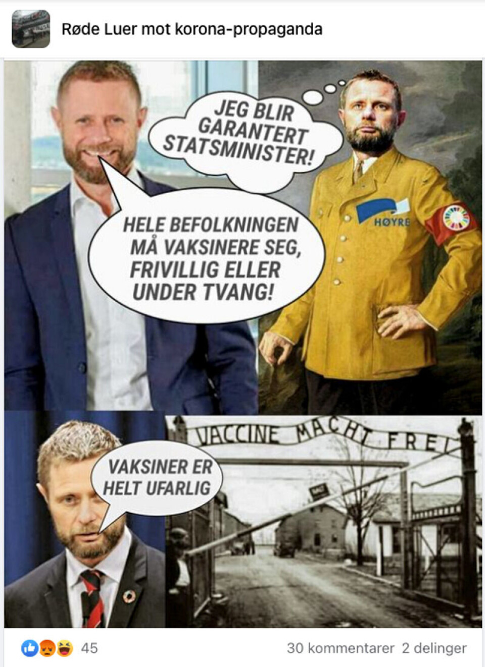 Dette bildet ble delt i den åpne Facebook-gruppen Røde Luer mot korona-propaganda i mars i fjor. Skjermbilde: Facebook.