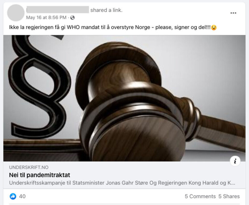 En underskriftskampanje mot den påståtte pandemitraktaten har så langt fått over 7000 underskrifter. Men det stemmer ikke at Norge mister selvråderetten hvis vi signerer WHO-avtalen. Skjermbilde: Facebook.