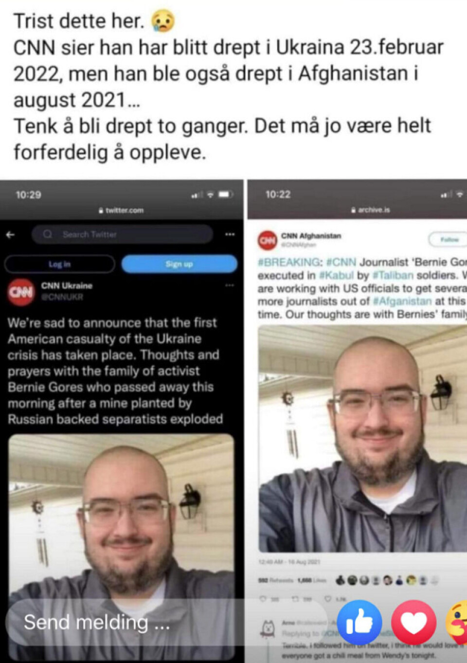 Slik er de to skjermdumpene delt i Norge. Skjermdump: Facebook.