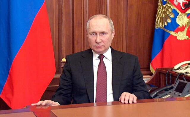 Russlands president, Vladimir Putin, under en av sine taler i forkant av invasjonen av Ukraina. Foto: Russian Presidential Press Service. hovedbilde