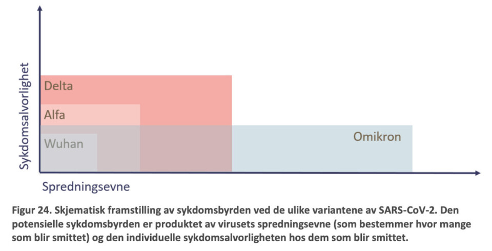 Figur fra FHI sin risikorapport 12. januar. Spørsmålet er om alvorligheten er så lav at det veier opp for den økte spredningsevnen. Figuren viser ikke hele bildet. Den tar blant annet ikke hensyn til at det kan bli eksponentiell vekst.