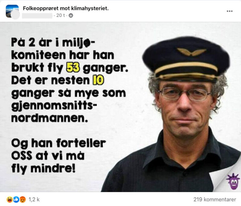Bildet av Rasmus Hansson har blant annet blitt delt i Facebook-gruppen Folkeopprøret mot klimahysteriet. Foto: Skjermbilde, Facebook.