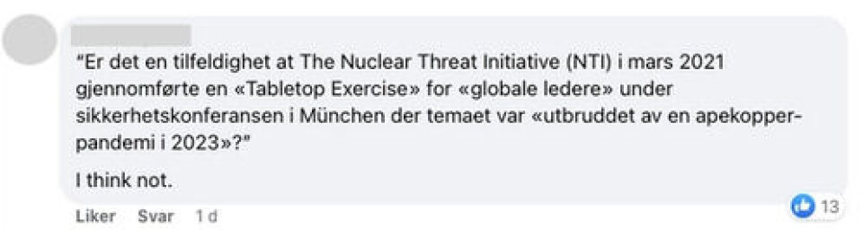 I 2021 simulerte organisasjonen NTI et globalt utbrudd av apekopper. Dette brukes av noen som «bevis» på at årets utbrudd var planlagt. Skjermbilde: Facebook.