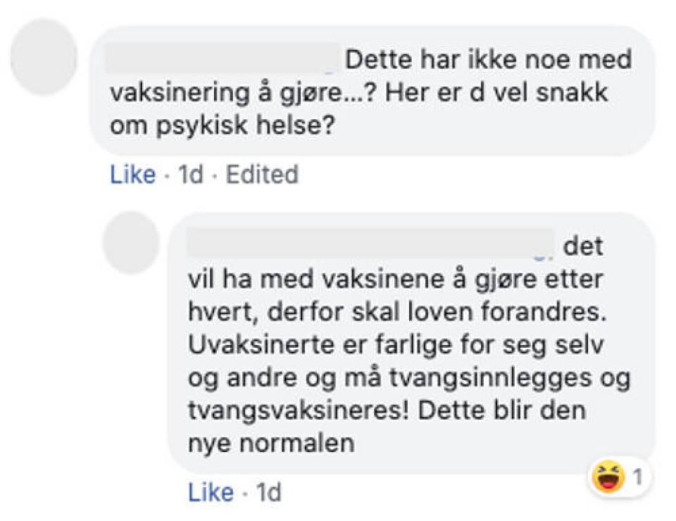 Høringen om innføring av ny tvangslov har skapt engasjement i flere Facebook-grupper som er kritiske til vaksiner og myndighetenes koronatiltak. I kommentarfeltene er det flere som misforstår hva høringen handler om. Skjermbilde: Facebook.
