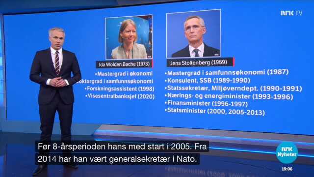 Hvem er best egnet til å bli sentralbanksjef? spurte NRK Dagsrevyen og sammenlignet CV-ene til Ida Wolden Bache og Jens Stoltenberg. Nå får statskanalen kritikk for ikke å ha tatt med flere av Wolden Baches tunge stillinger. Skjermbilde: NRK. hovedbilde