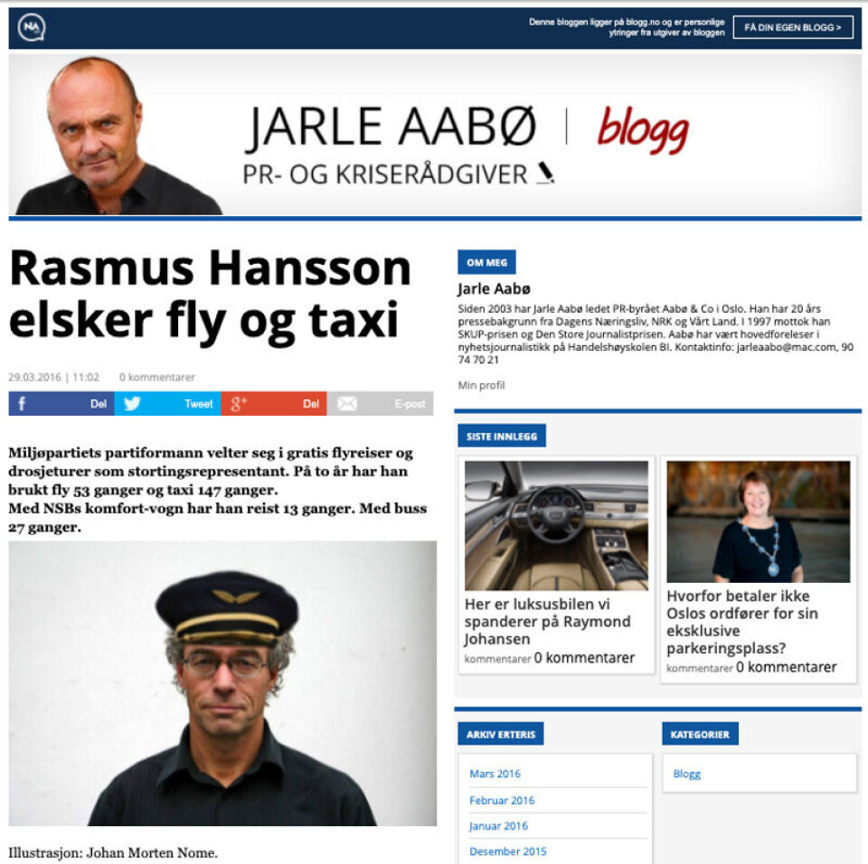 Påstanden om at Rasmus Hansson reiste med fly 53 ganger på to år, dukket først opp i et blogginnlegg på Nettavisen. Bloggen er nå borte, men finnes på Waybackmachine. Foto: Skjermbilde, Waybackmachine.