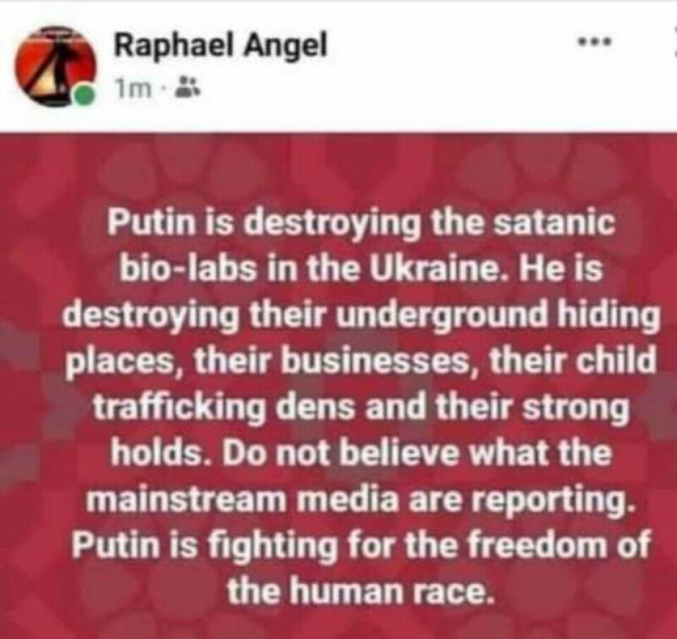 Dette skjermbildet deles av norske Facebook-brukere. Påstanden er at Russland ødelegger biolaboratorier i Ukraina for å redde verden, og den har klare forbindelser til QAnon-retorikk. Skjermbilde: Facebook.