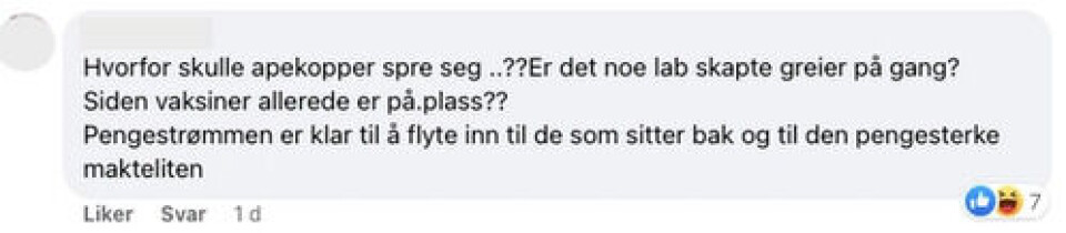 At det allerede finnes en vaksine mot apekopper, anses av noen som et tegn på at utbruddet er planlagt. Det stemmer ikke. Skjermbilde: Facebook.