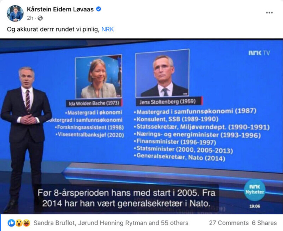 Kårstein Eidem Løvaas, tidligere stortingsrepresentant for Høyre, er blant dem som har delt skjermbildet fra Dagsrevyen. Skjermbilde: Facebook.