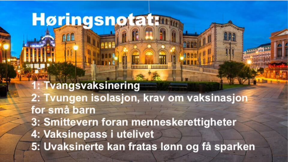 Slik oppsummerer nettstedet Steigan.no høringen om koronapass. Bildet deles også på sosiale medier. Skjermbilde: Steigan.no.