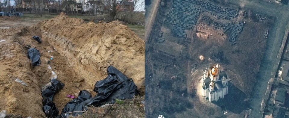 Døde mennesker er blitt begravet ved kirken St. Andrew og Pevozvanno All Saints i Butsja, Ukraina. Til høyre et satellittbilde tatt 31. mars. Det lyse området overfor kirken vises for første gang på bilder tatt 10. mars. Bildet til venstre er tatt 4. april. Foto: Maxar Technologies / Vladyslav Musiienko, Reuters.