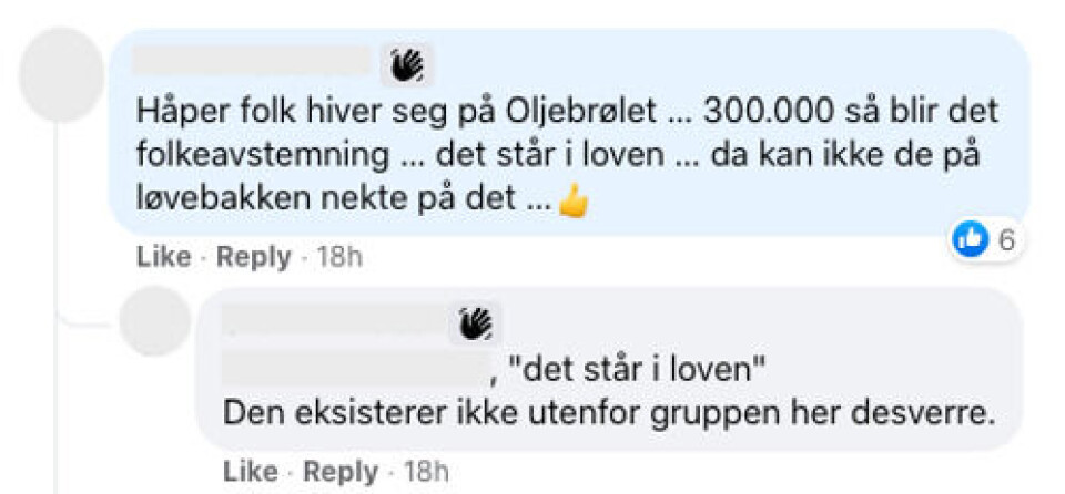 Ikke alle i «Oljebrølet» trodde på påstanden om at 300 000 underskrifter fører til folkeavstemning. Foto: Skjermbilde fra Facebook.