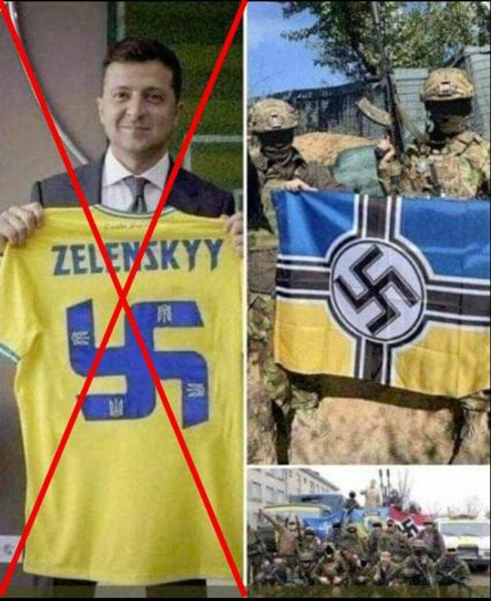 Dette bildet av president Volodymyr Zelenskyj er manipulert og spres i sosiale medier. Skjermbilde: Facebook.