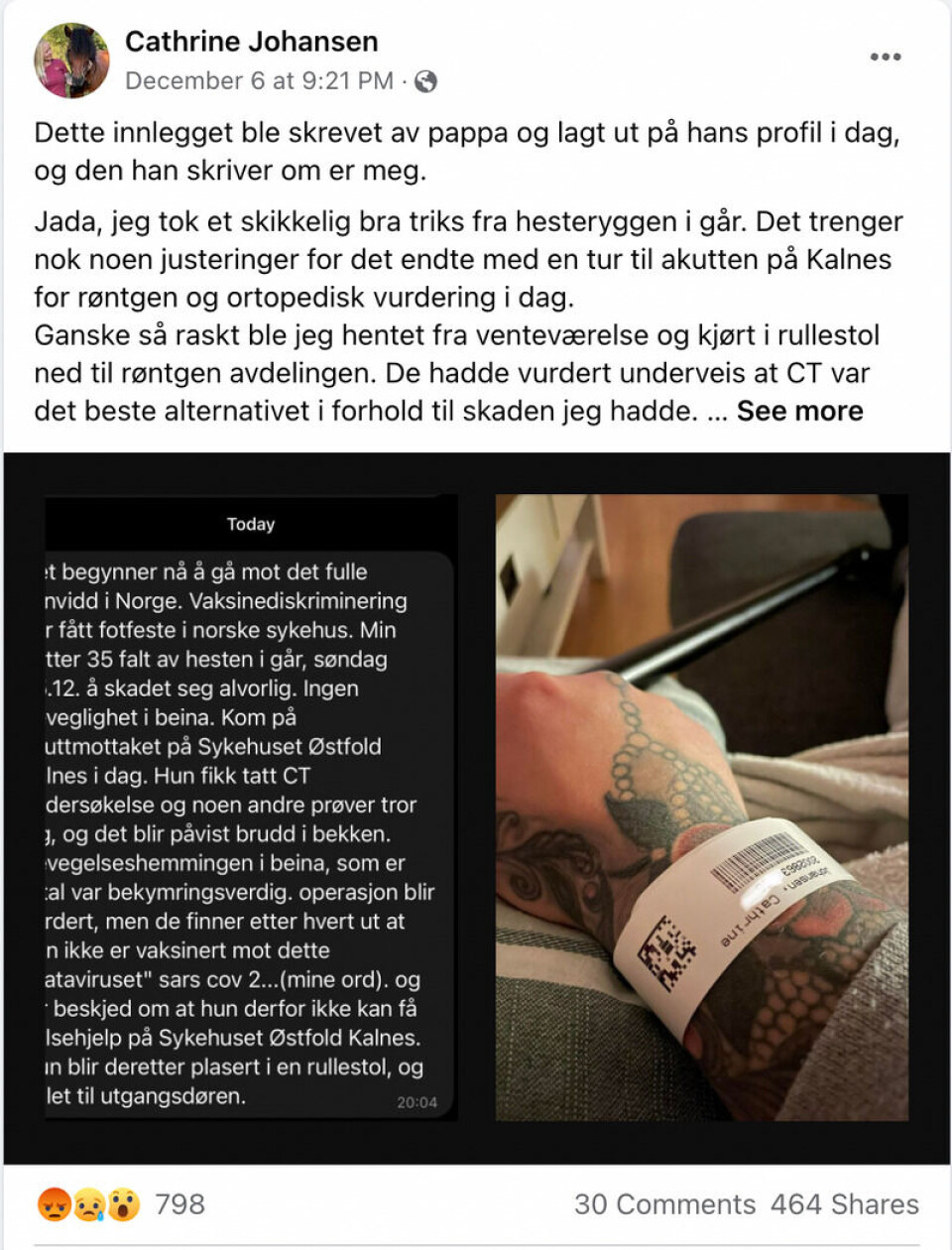 Dette innlegget la Cathrine Johansen ut etter sykehusbesøket. Foto: Skjermdump, Facebook.