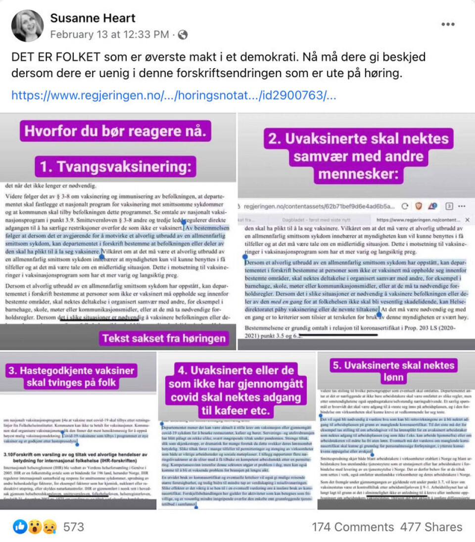 Fylkespolitiker Susanne Heart (MDG) har skapt stort engasjement med sitt Facebook-innlegg om høringen. Skjermbilde: Facebook.