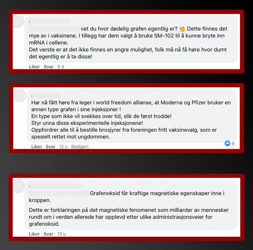 I Facebook-gruppen Erfaringer med Covid 19 vaksinering - Norge er det flere som er overbevist om at koronavaksinene inneholder grafén eller grafénoksid. Skjermbilde: Facebook.