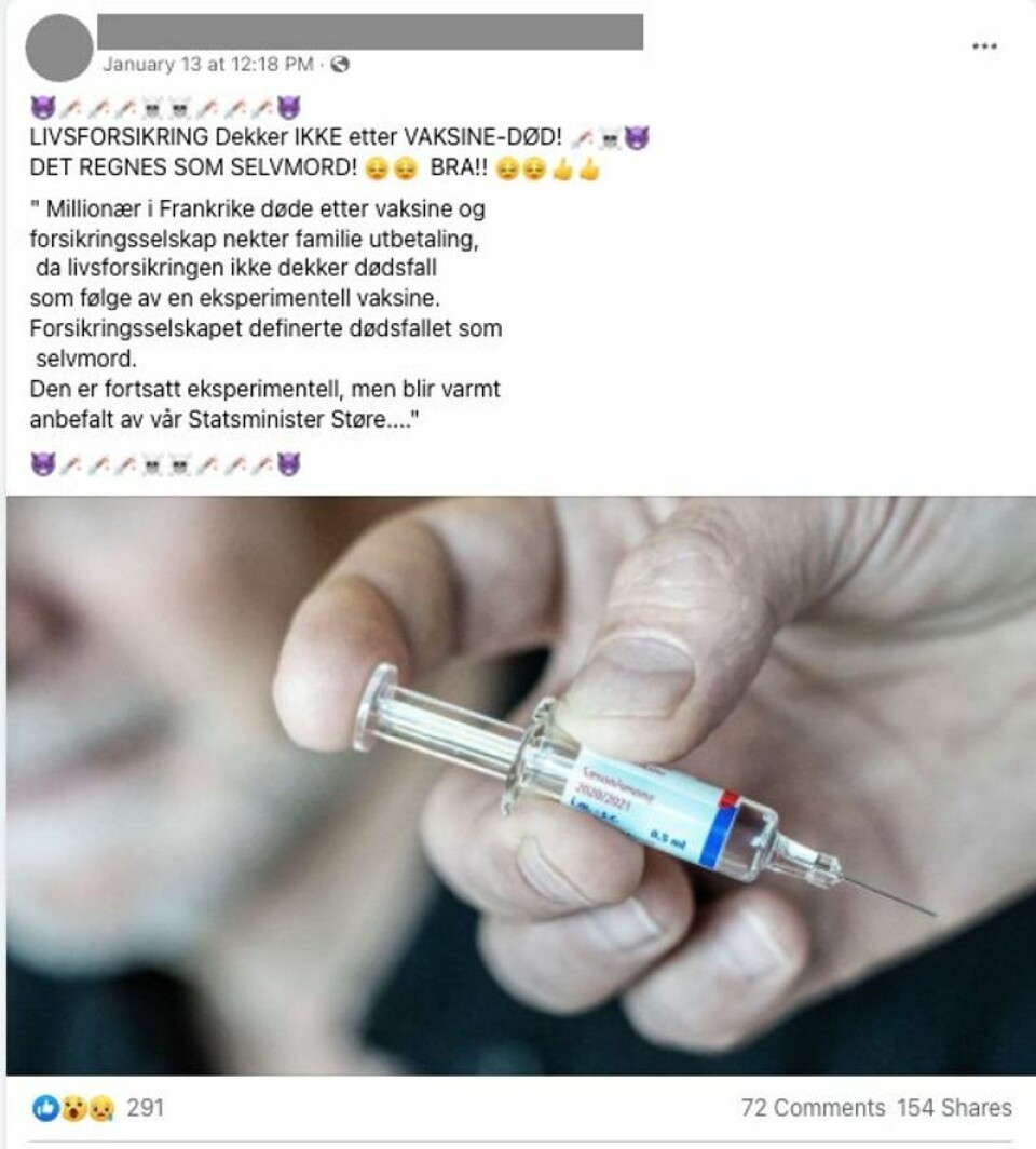 I flere land spres det påstander på sosiale medier om at livsforsikring ikke dekker dødsfall etter koronavaksiner. De norske forsikringsselskapene Faktisk.no har snakket med, svarer at dette ikke er riktig. Skjermdump: Facebook.