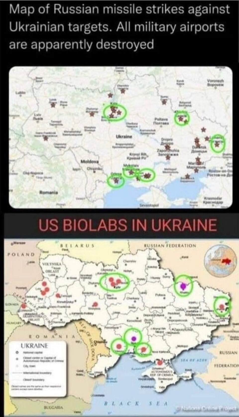 Disse kartene, som skal vise samsvar mellom amerikanske laboratorier og Russlands bombing i Ukraina, deles av nordmenn på Facebook. USA har ingen laboratorier i Ukraina. Skjermbilde: Facebook.