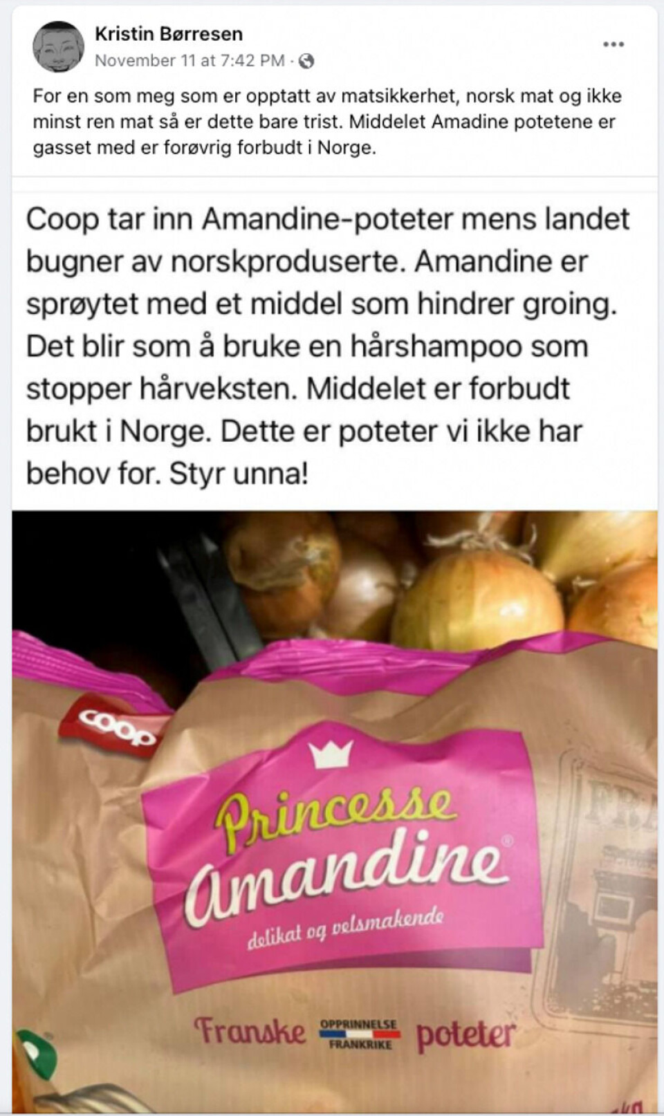 Her er innlegget som mange har fått opp i sin Facebook-feed. Foto: Skjermdump, Facebook.