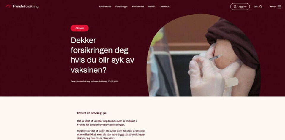 Forsikringsselskapet Frende har lagt ut egen informasjon om dette på nettsiden sin. Skjermdump: Frende.no.