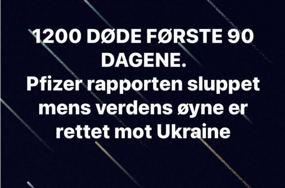 I et av innleggene som er delt av nordmenn på Facebook, hevdes det at dokumentet fra Pfizer ble «sluppet mens verdens øyne er rettet mot Ukraina». Skjermbilde: Facebook.