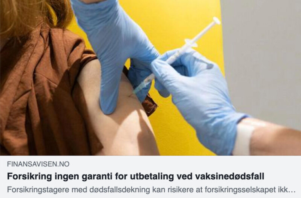 En artikkel i Finansavisen fra mars 2021 brukes av flere som «bevis» for at livsforsikring ikke dekker vaksinedødsfall. Men artikkelen omtaler ulykkesforsikring, og ikke livsforsikring. Skjermdump: Finansavisen.no.
