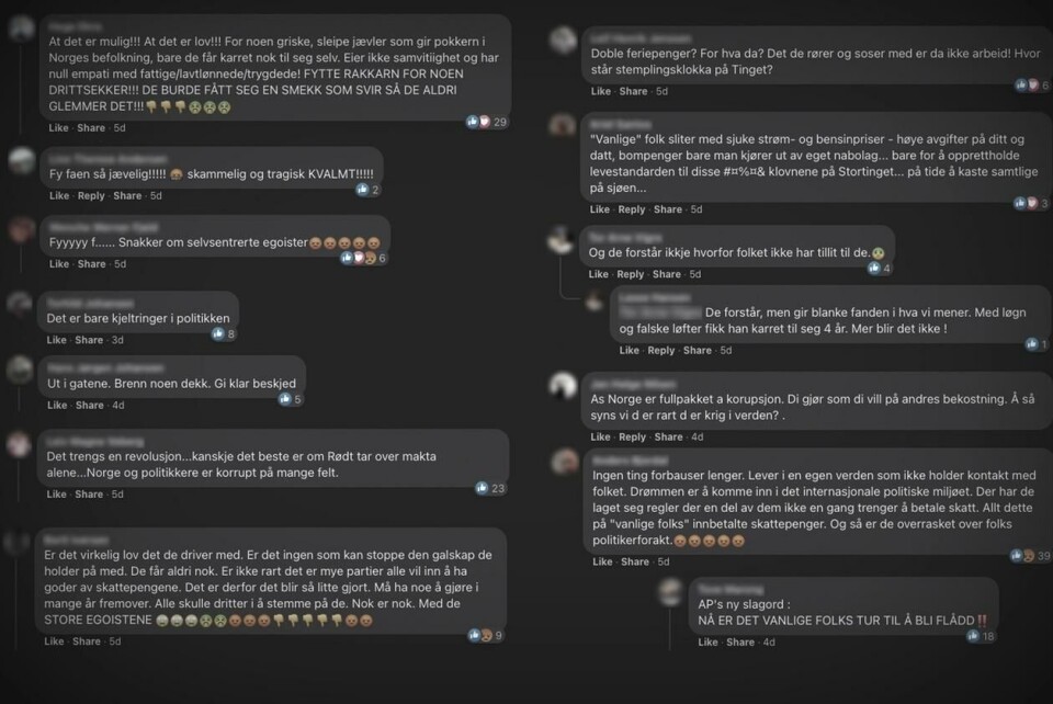 Et utvalg kommentarer fra flere offentlige Facebook-grupper. Kommentarene står ikke i sammenheng med hverandre, men alle er reaksjoner på Dagbladets sak. Skjermbilde: Facebook.