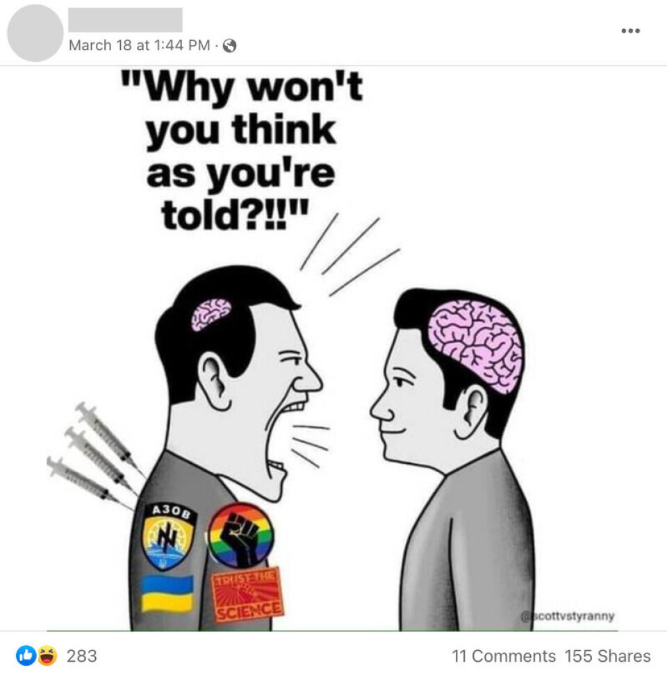 Dette memet har blitt delt av nordmenn på Facebook. Budskapet er at dem som lar seg vaksinere, og som tar Ukrainas side i krigen, ikke er i stand til å tenke selv. Skjermbilde: Facebook.