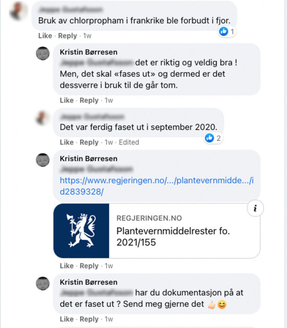 Under innlegget har flere påpekt at klorprofam er blitt forbudt. Børresen svarer med at stoffet er i ferd med å «fases ut».