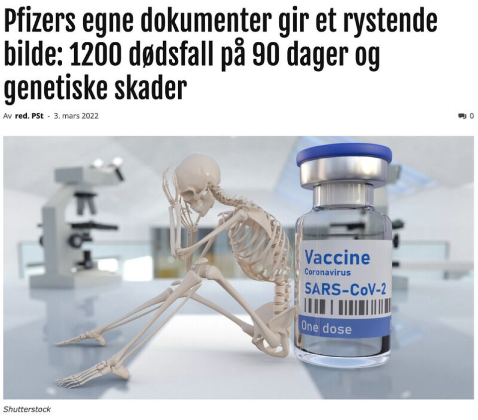 Det alternative nettstedet Steigan.no er blant dem som har omtalt dokumentet fra Pfizer. Dokumentet omtales på en misvisende måte. Skjermbilde: Steigan.no.