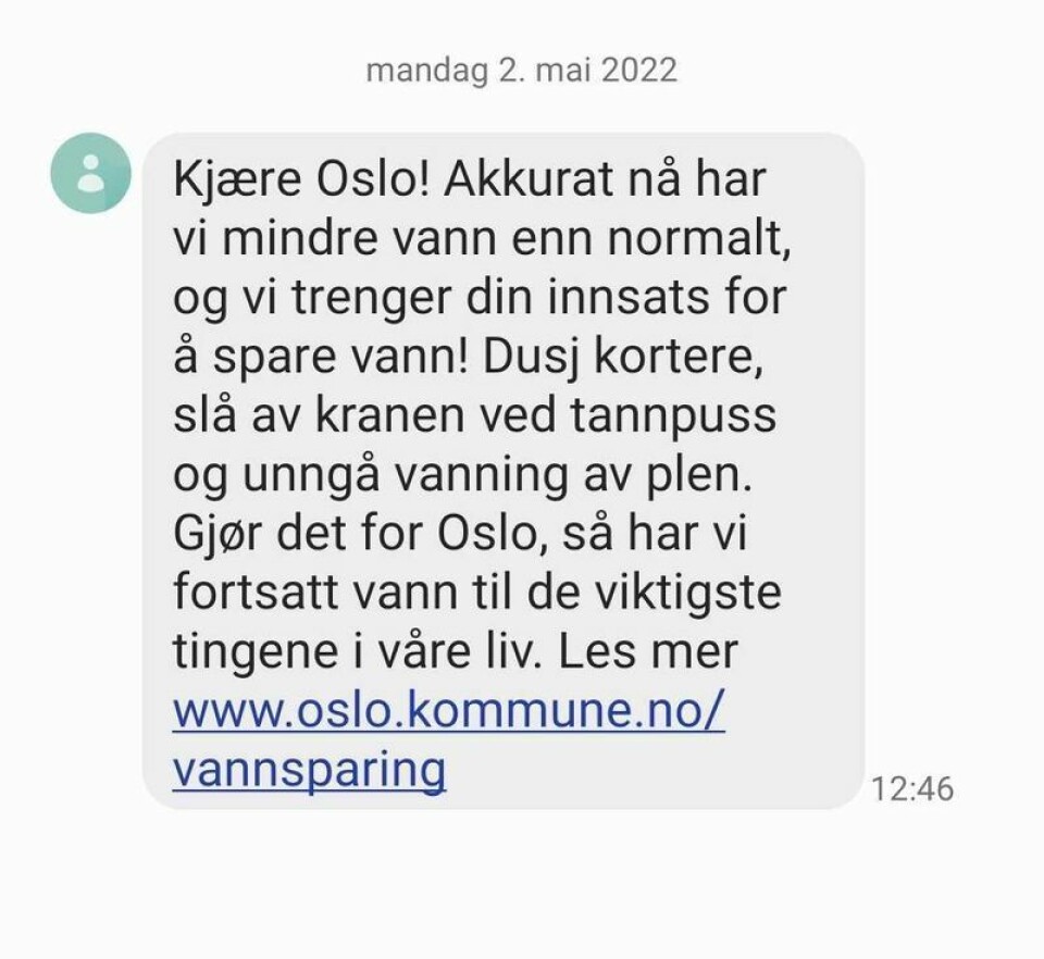 Denne meldingen ble sendt ut til Oslos innbyggere 2. mai 2022. Skjermdump: SMS fra Oslo kommune.