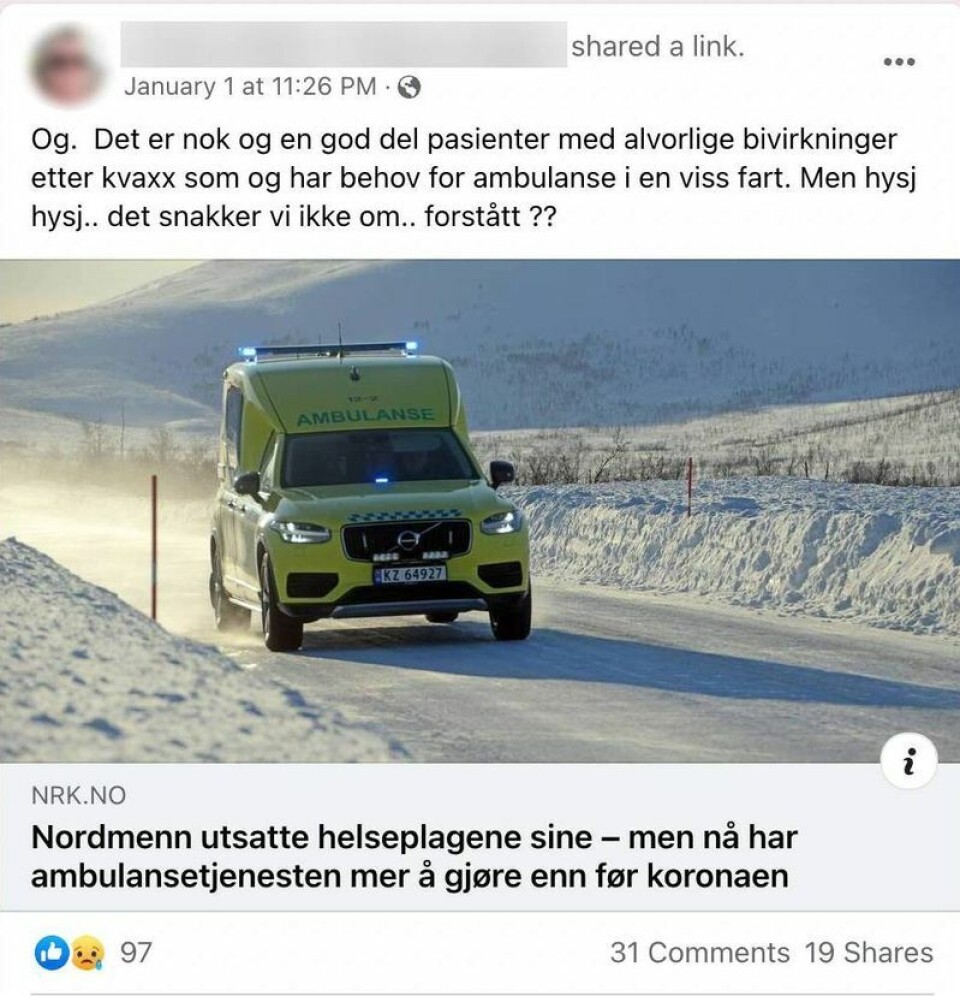 Faktisk.no har sett flere eksempler på at noen mener at norske sykehus fylles opp av pasienter med bivirkninger fra vaksinen. Skjermdump, Facebook