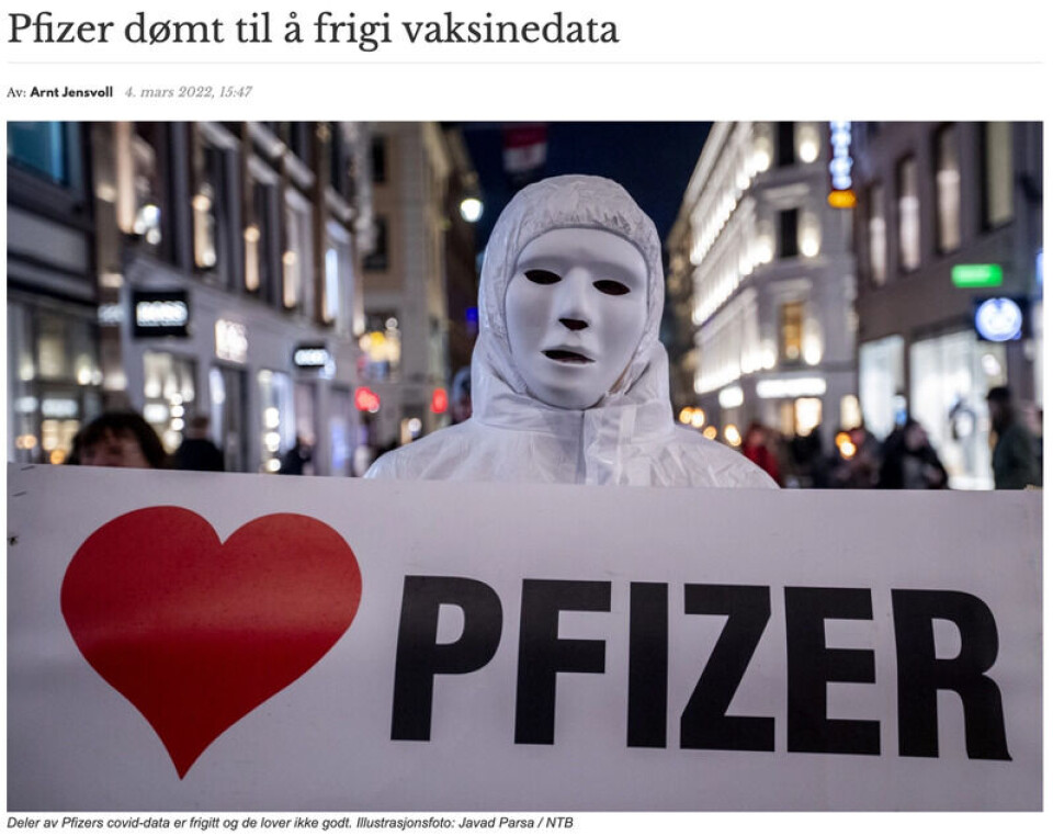 Også Document har skrevet om dokumentet fra Pfizer. Denne artikkelen er vinklet på at Pfizer er dømt til å frigi data, noe som ikke stemmer. Skjermbilde: Document.no.