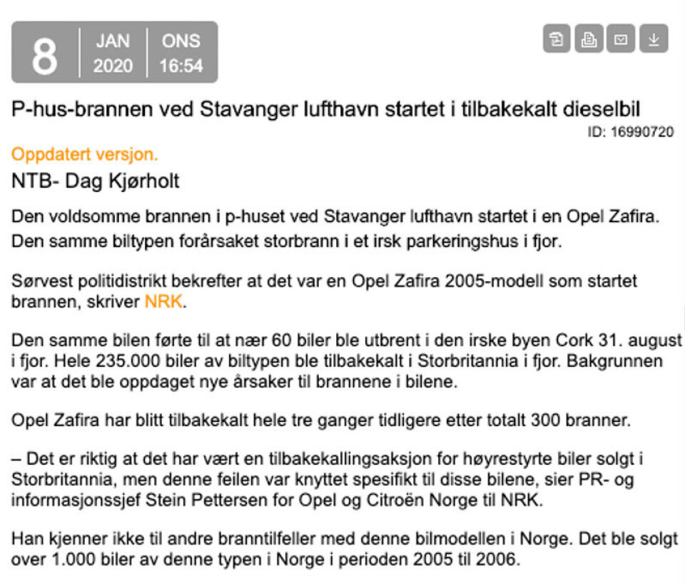 Deler av NTBs artikkel. Foto: Skjermdump / NTB Deler av NTBs artikkel.
