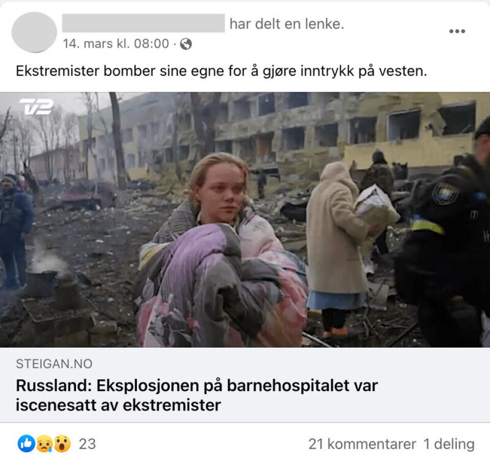 Russiske myndigheter var raskt ute med å hevde at ofre for bombingen av et sykehus i Mariupol, var «kriseskuespillere». Denne oppfatningen har enkelte nordmenn adoptert. Skjermbilde: Facebook.