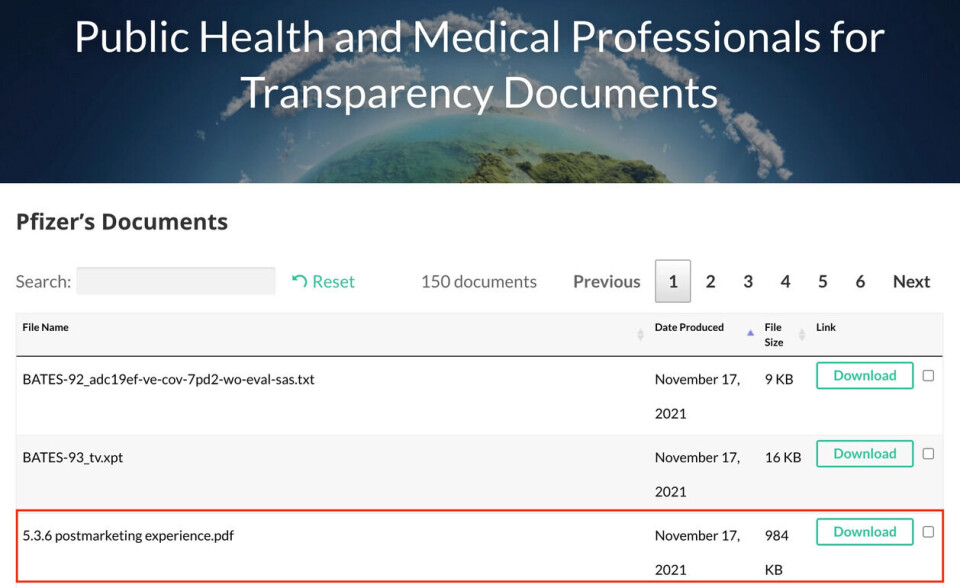 Organisasjonen Public Health and Medical Professionals for Transparency Documents offentliggjorde dokumentet fra Pfizer på hjemmesiden sin 17. november 2021, etter å ha fått innsyn i det av amerikanske myndigheter. Skjermbilde: phmpt.org.