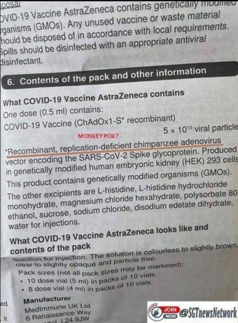 Dette bildet av pakningsvedlegget til AstraZenecas koronavaksine brukes som «bevis» for at vaksinen inneholder apekopp-virus. Det stemmer ikke. Skjermbilde: Facebook.