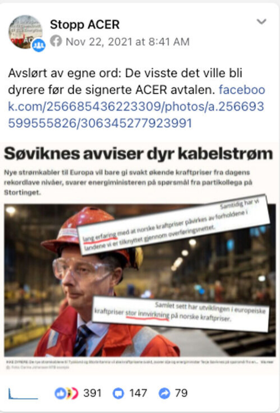 Påstander om ACERs påvirkning på strømprisen er gjenganger på sosiale medier. Her fra Facebook-gruppen «Stopp ACER». Skjermdump: Facebook.