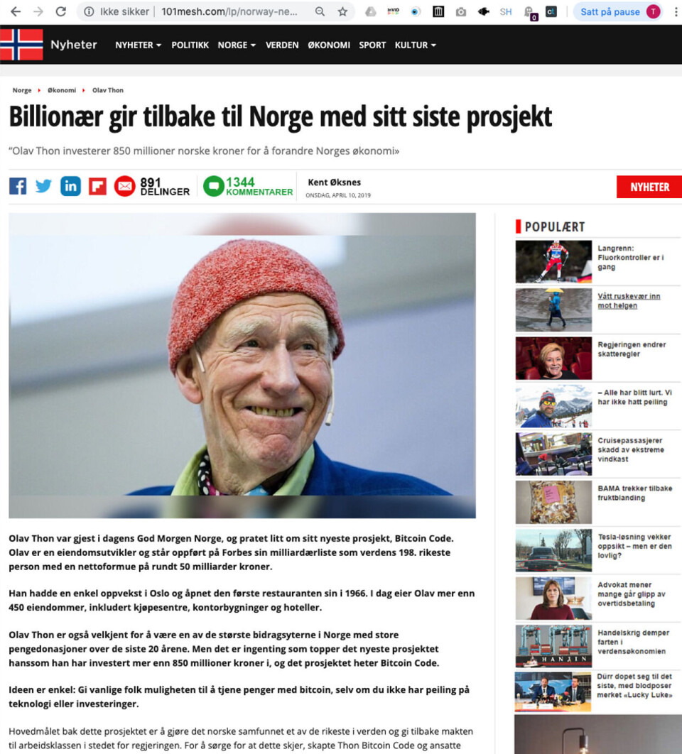 Nei, Olav Thon har ikke investert 850 millioner kroner i bitcoin-program