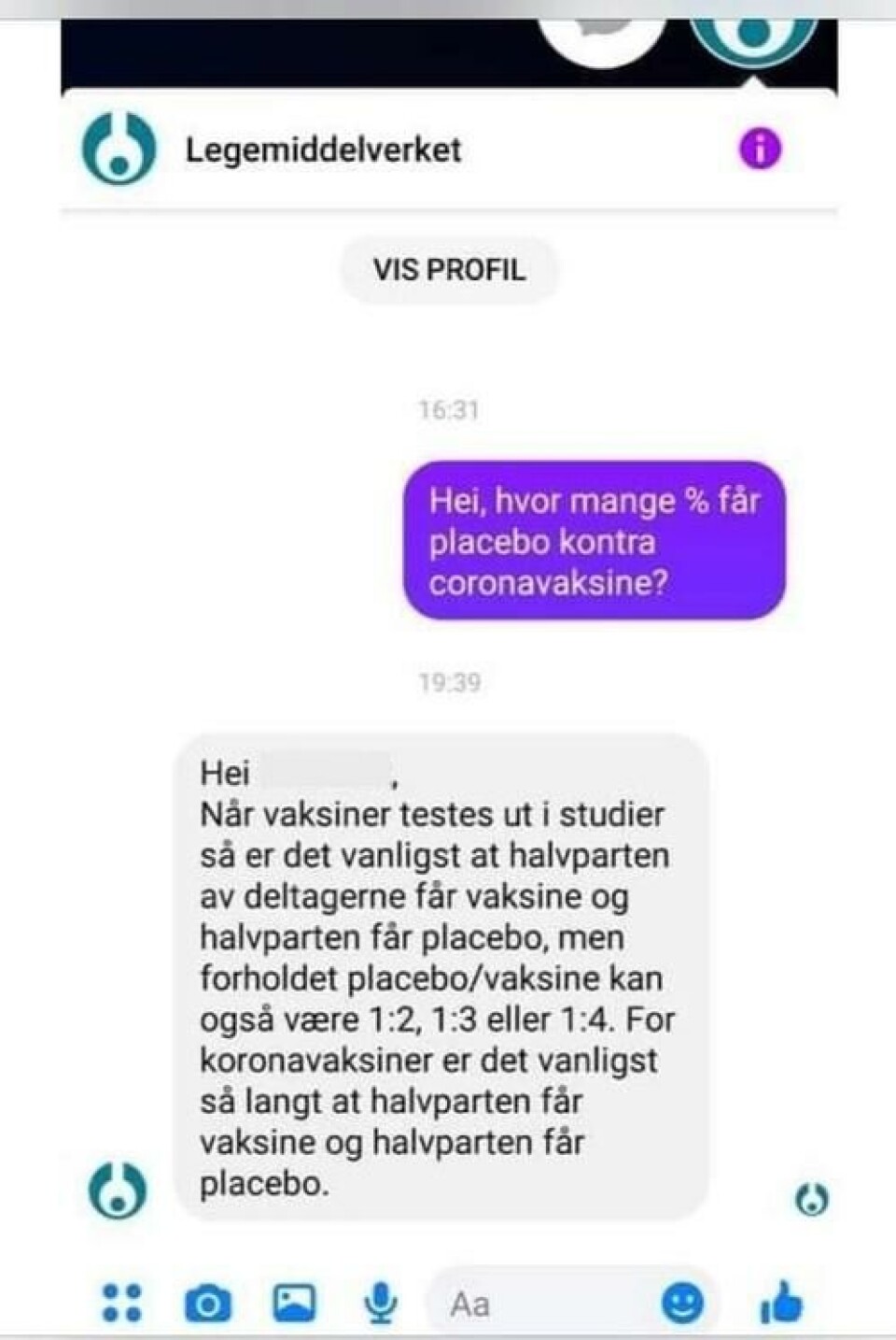 Dette skjermbildet stammer fra en dialog mellom en privatperson og Legemiddelverket. Etter at det ble delt på Facebook, tror flere at halvparten av dem som tar koronavaksine egentlig får placebo. Det er ikke riktig. Foto: Skjermbilde fra Facebook.